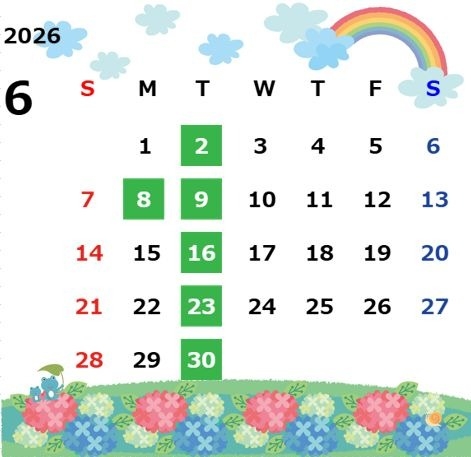 6月定休日のお知らせ☔